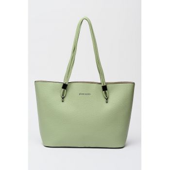 Geanta shopper din piele ecologica cu imprimeu logo discret - Verde pal