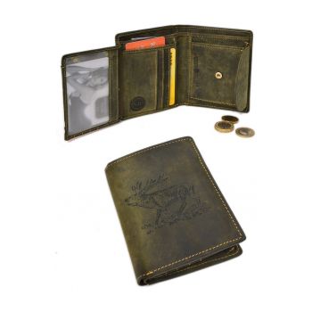Portofel barbati  piele naturala - verde - 9.5x12.5x2.5cm - model stantat cerb - 7 sloturi pentru carduri