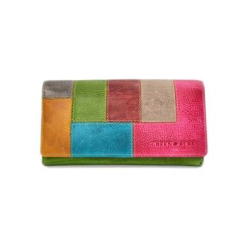 Portofel piele naturala verde / multicolor 18 x 9.5 x 3.5 cm - Candy Shop -