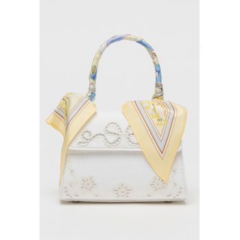 Geanta crossbody cu bareta de lant si broderie - Alb