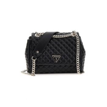 Geanta crossbody cu bareta din lant - clapa si aspect matlasat - Negru