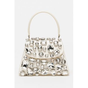 Geanta crossbody cu clapa si cristale - Alb murdar/Argintiu