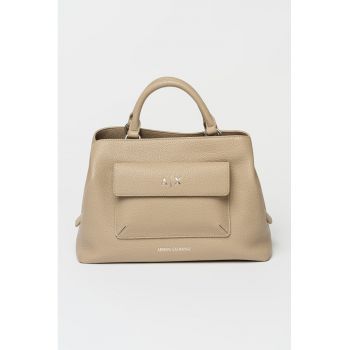 Geanta crossbody de piele ecologica cu buzunar - Bej inchis