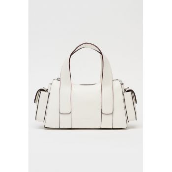 Geanta crossbody de piele ecologica cu buzunare laterale cu clapa - Alb