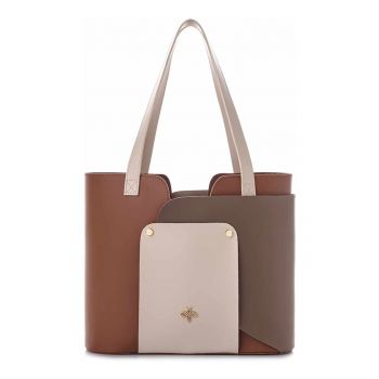 Geanta de piele ecologica cu bareta de umar si model colorblock - Maro/Maro taupe deschis