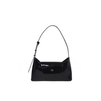 Geanta de piele lacuita cu bareta ajustabila - Negru - 16x27x5.5