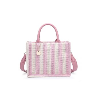 Geanta shopper cu dungi si aspect crosetat Eliara - Roz