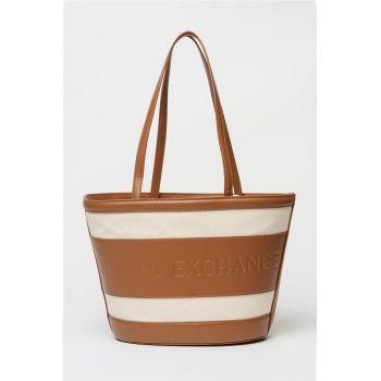 Geanta shopper cu logo Marisol - Alb fildes/Maro Siena