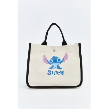 Geanta shopper din panza cu imprimeu cu Stitch - Alb fildes/Negru/Albastru deschis