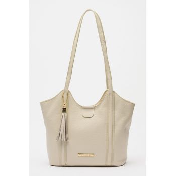 Geanta shopper din piele granulata cu accesoriu - Bej deschis