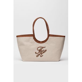 Geanta tote din material textil cu logo - Maro/Bej deschis