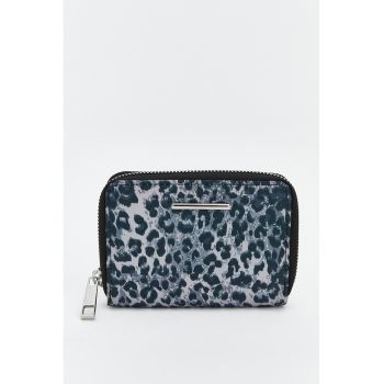 Portofel cu animal print si fermoar - Gri deschis/Albastru gentian