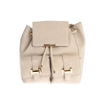 Rucsac elegant crem cu buzunare frontale si accente aurii