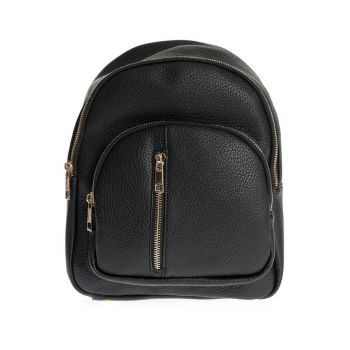 Rucsac negru compact din piele ecologica cu fermoare aurii