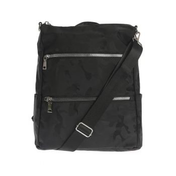 Rucsac negru cu imprimeu camuflaj si fermoare metalice
