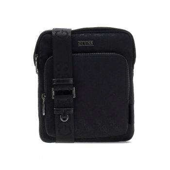 Geanta crossbody cu fermoar si model monograma Boston - Negru