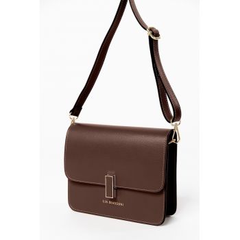 Geanta crossbody din piele cu clapa - Maro cognac
