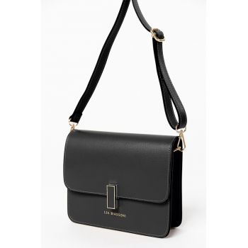 Geanta crossbody din piele cu clapa - Negru