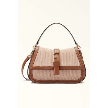 Geanta de piele si material textil cu bareta de umar Flow - Maro cognac/Bej