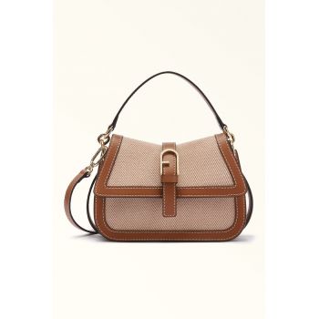 Geanta de piele si material textil cu bareta de umar Flow - Maro cognac/Bej