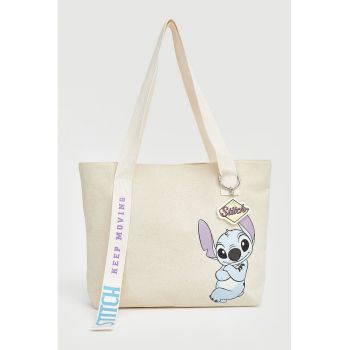 Geanta din bumbac cu bareta de umar si imprimeu Stitch - Violet/Albastru pal/Alb murdar