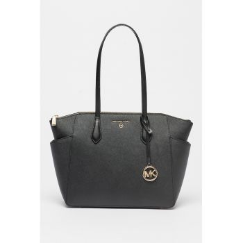 Geanta din piele Saffiano cu bareta de umar si accesoriu logo Marilyn - Negru