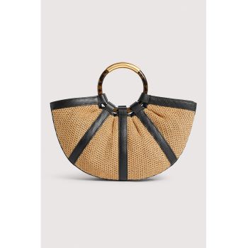 Geanta din piele si paie de hartie cu maner Shell - Negru/Maro camel