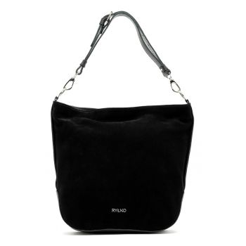 Geanta hobo de piele intoarsa si piele - Negru