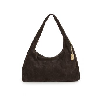 Geanta hobo din piele intoarsa cu accesoriu logo - Maro inchis