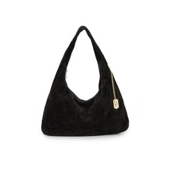 Geanta hobo din piele intoarsa cu accesoriu logo - Negru
