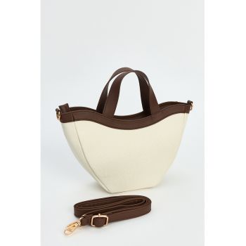 Geanta shopper cu bareta detasabila de umar - Maro/Crem