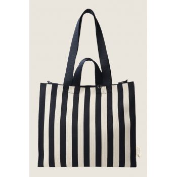 Geanta shopper din material textil cu dungi si pandantiv decorativ - Alb fildes/Albastru ultramarin