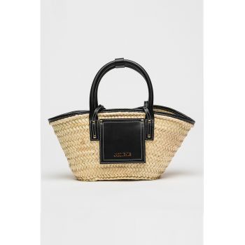 Geanta shopper din paie cu detalii din piele Soli - Negru/Crem