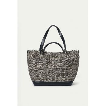 Geanta shopper din paie de hartie cu garnituri din piele sintetica - Negru/Bej