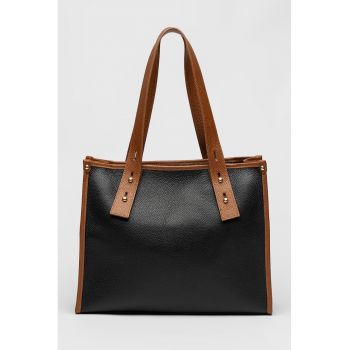 Geanta shopper din piele - Caramel/Bleumarin