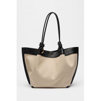 Geanta tote din material textil cu garnituri din piele - Negru/Bej