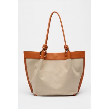 Geanta tote din material textil cu garnituri din piele - Portocaliu/Bej