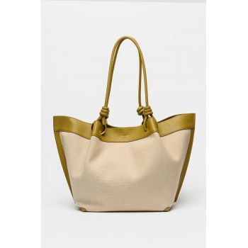 Geanta tote din material textil cu garnituri din piele - Verde stins