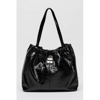 Geanta tote din piele cu aspect de piele de crocodil Cristina - Negru