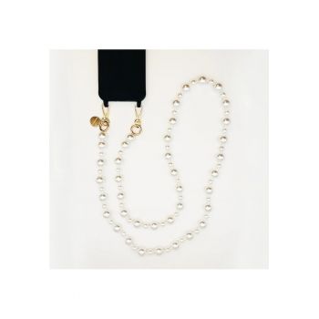 Lant crossbody pentru telefon  120 cm - perle albe - detalii aurii