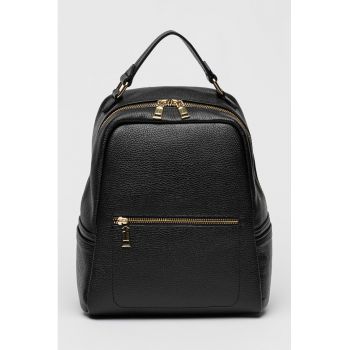 Rucsac de piele cu buzunar frontal cu fermoar - Negru