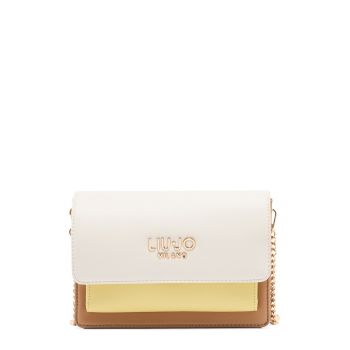 Geanta crossbody cu clapa si bareta din lant - Alb/Galben/Bej