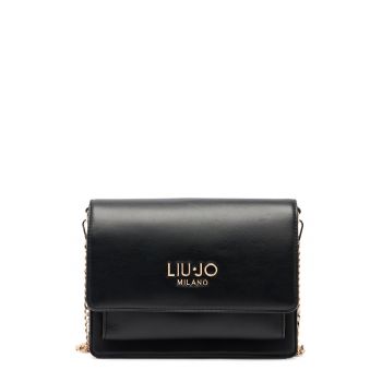 Geanta crossbody cu clapa si bareta din lant - Negru