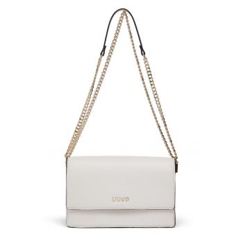 Geanta crossbody cu clapa si bareta lant - Alb murdar