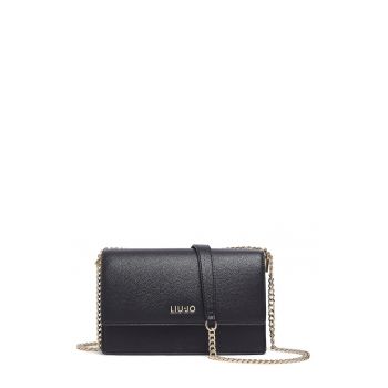 Geanta crossbody cu clapa si bareta lant - Negru