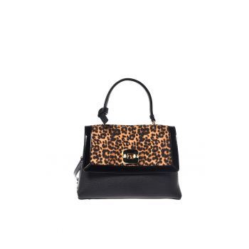Geanta crossbody cu clapa si model animal print - Negru/Maro