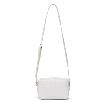Geanta crossbody de piele ecologica cu logo in relief - Alb murdar