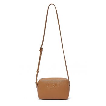 Geanta crossbody de piele ecologica cu logo in relief - Maro camel