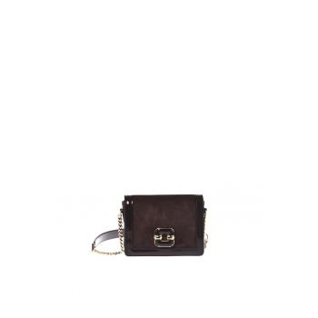 Geanta crossbody din piele intoarsa cu clapa si detaliu metalic - Maro inchis