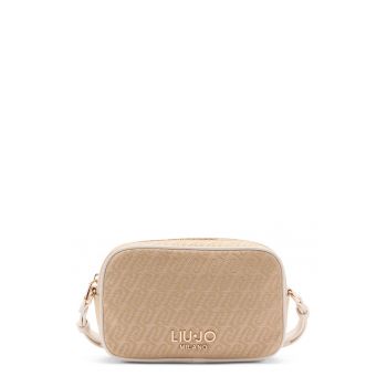 Geanta crossbody mica din material jacquard si logo - Bej/Crem